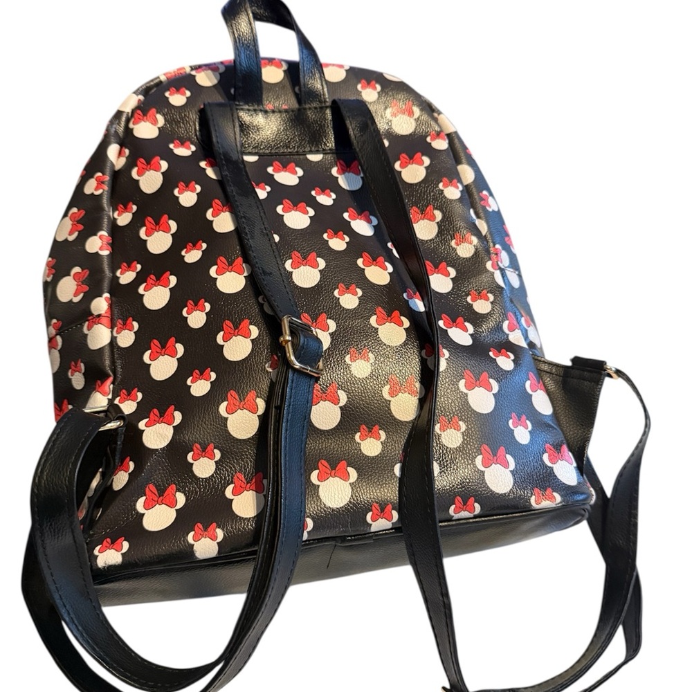 Disney Minnie Mouse Bow Print Backpack Black Faux Leather Mini Backpack - Picture 4 of 7